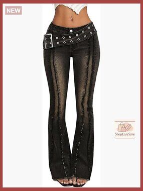 Low Rise Flare Jeans Grommet Eyelet Bootcut Bell Bottom Stretch Denim Pants